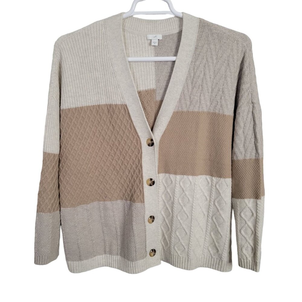 J Jill Size 2X Cardigan V-neck Sweater Multi Knit Color Block Textured Tan Cream - Picture 2 of 8